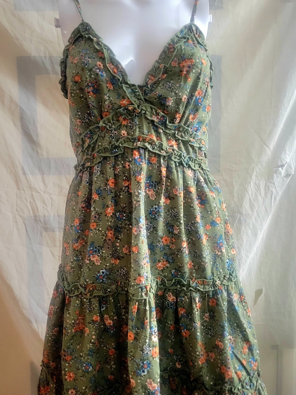 Olive Floral Strapless Ruffle Sundress